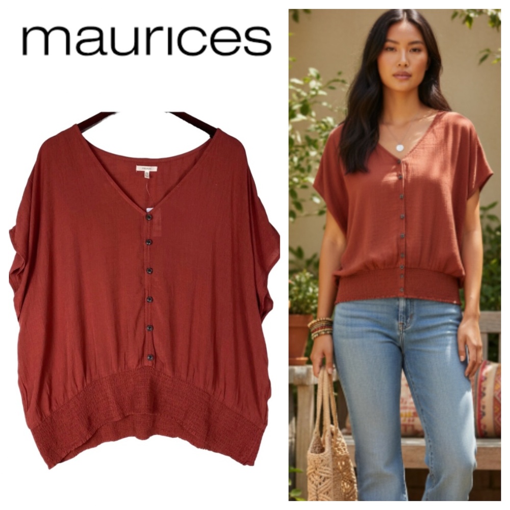 New Maurices 2X XXL 18 20 Top Tunic Shirt Orange Boho Peasant Stretch